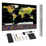 Cumpara ieftin Harta lumii razuibila, 82x59 cm, cu stickere, accesorii pentru razuire, rigla cu lupa, ace pentru fotografii, husa si tub depozitare , ghid vizual pen