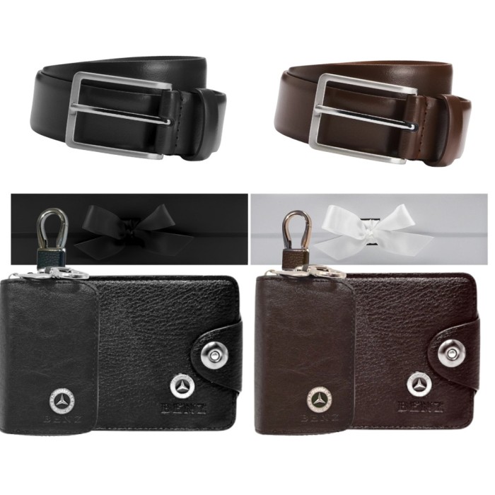 Set curea piele, portofel, husa chei, sigla Mercedes, negru/maro