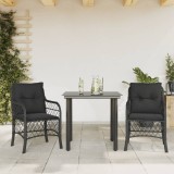 Set Bistro 3 Piese vidaXL, Negru, Poliratan, Perne Incluse, Masa Sticla 80cm, Scaune 58.5x67x86cm, Gradina/Balcon