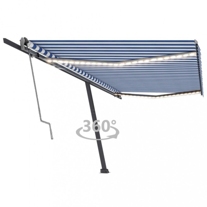 vidaXL Copertină automată cu senzor v&acirc;nt&amp;LED, albastru/alb 500x300 cm