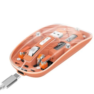 Mouse Nou M233, 1600dpi, 5 Butoane, Indicator Nivel Baterie, Transparent, Portocaliu, Wireless + Bluetooth foto