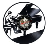 Ceas de perete decorativ realizat din disc de vinil, Model Pianist Pian cu Coada, Muzica Clasica, Negru, 30 cm