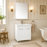 Set mobilier baie GN0541, front MDF, cu lavoar ceramic, 60 cm, 2 usi, 2 rafturi, picioare cromate reglabile, balamale soft close si oglinda cu polita