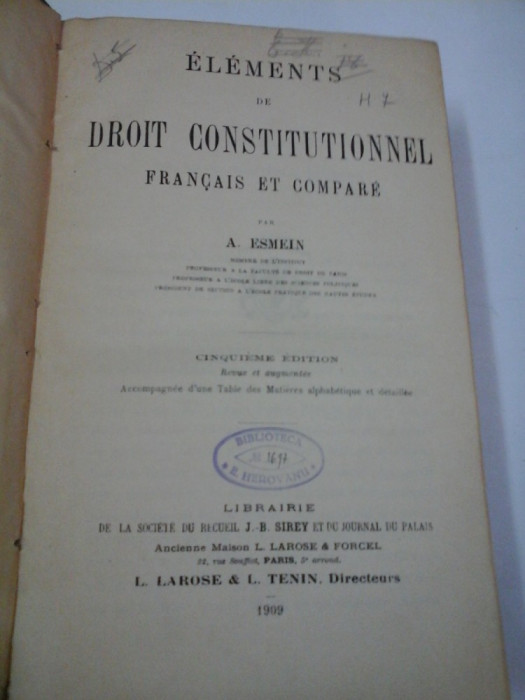 ELEMENTS DE DROIT CONSTITUONNEL FRANCAIS ET COMPARE - A. ESMEIN