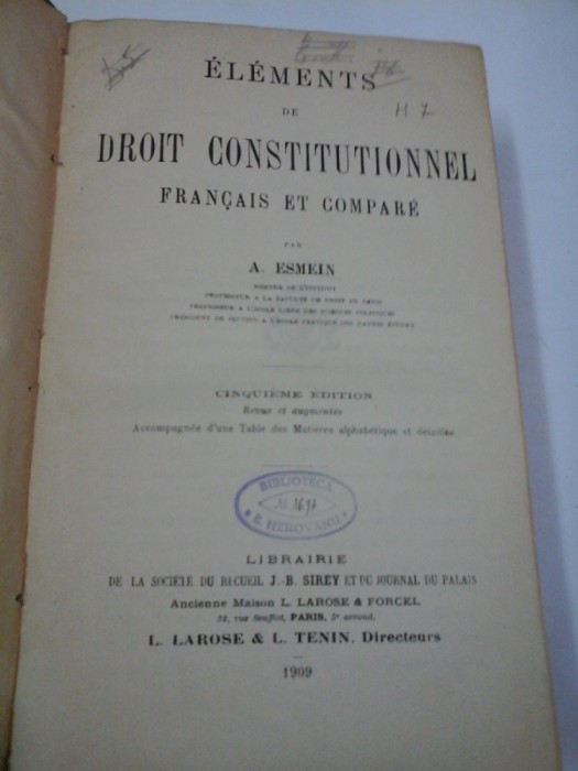 ELEMENTS DE DROIT CONSTITUONNEL FRANCAIS ET COMPARE - A. ESMEIN