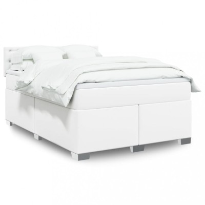 vidaXL Pat box spring cu saltea, alb, 140x190 cm, piele ecologică 3288421 foto