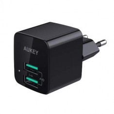 Incarcator de perete Aukey PA-U32, 2 sloturi USB 2,4A, negru, conectori priza pliabili foto