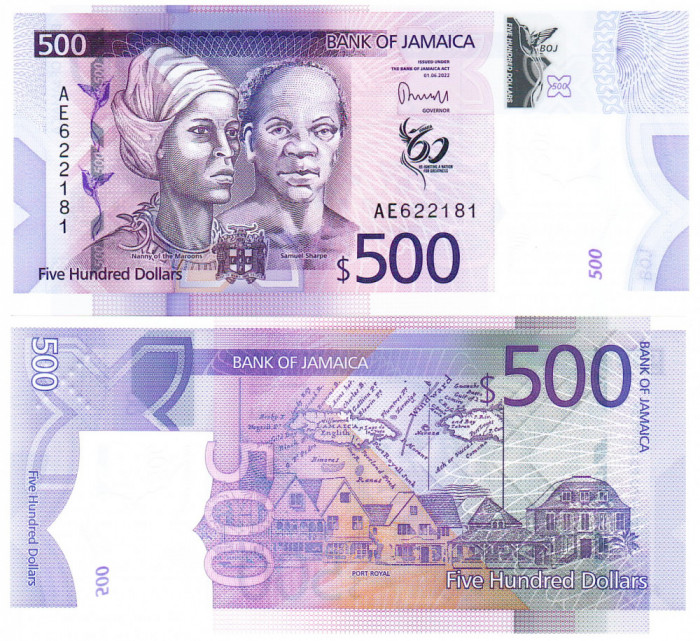 Jamaica 500 Dolari 2022 Comemoratica 60 Ani Independenta P-98 UNC