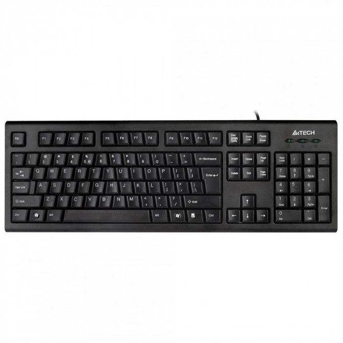 Tastatura A4Tech KR85, Wired, USB, Comfort Round, 104 Taste Inscriptionate Laser, Black