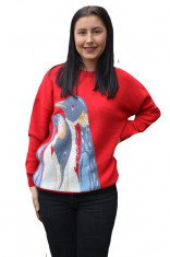 Pulover Fionna tricotat ,model cu pinguin ,rosu foto