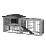 PawHut Cuib Exterior din Lemn de Brad cu Rampă, Acoperiș Rabatabil Impermeabil, Sertar Detașabil, Cuib pentru Iepuri, Animale Mici, Gri Deschis | Aoso