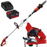 Einhell GE-LC 18 Li T PXC + Starter Kit + GC-CS 85 E - Drujba 17 cm 3.76 m/s + Set 1 acumulator si incarcator Li-Ion 18 V 4 Ah + Masina de ascutit lan