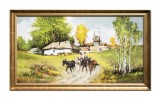 Cumpara ieftin Tablou peisaj rural caruta cu cai pictat manual inramat, 100x60cm ulei pe panza, Geo Ungureanu