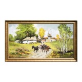 Tablou peisaj rural caruta cu cai pictat manual inramat, 100x60cm ulei pe panza, Geo Ungureanu