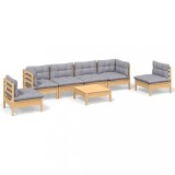 Set mobilier gradina cu perne gri, 7 piese, lemn masiv de pin