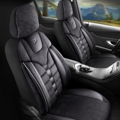 Set Huse Scaune Auto pentru Renault Fluence - Panda Toronto, tip Alcantara, cu fermoare pentru bancheta rabatabila, negru, 11 piese