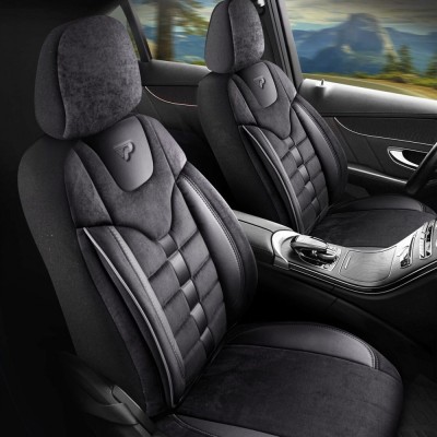 Set Huse Scaune Auto pentru Renault Fluence - Panda Toronto, tip Alcantara, cu fermoare pentru bancheta rabatabila, negru, 11 piese foto
