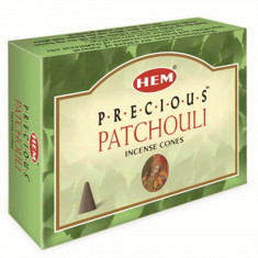 Conuri parfumate Patchouli, gama profesionala HEM Precious, relaxant cu actiune antioxidanta, 10 conuri (25g) aromaterapie suport metalic inclus foto