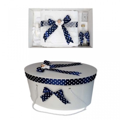 Set trusou botez si cutie trusou, Ingeras, fundita bleumarin cu buline, foto