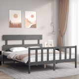 Cumpara ieftin Cadru de pat cu tăblie, gri, king size, lemn masiv