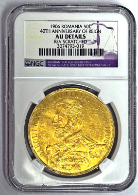 Monedă rara 50 lei 1906- Domnia lui Carol I| din aur| gradata NGC foto