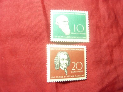 Serie DDR 1958 Personalitati - R.Darwin si Ch.Linne , 2 valori foto