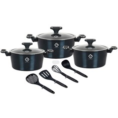 Set oale Grunberg 10 piese, 3 vase compatibile plita inductie, 3 capace sticla, 4 ustensile, Albastru