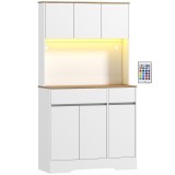 HOMCOM Bufet bucătărie mobilier de bucătărie de depozitare &icirc;nalt cu lumină LED RGB, blat de lucru, 6 uși, 2 sertare, alb | Aosom Romania