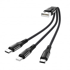 Cablu de Incarcare 3in1 USB-A la Lightning, Type-C, Micro-USB 12W, 2.4A, 0.25m Hoco Harbor (X47) Negru