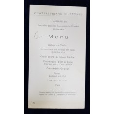 RESTAURANT CHATEAUBRIAND BOULEVARD , MENIUL BANCHETULUI SOCIETATII COMPOZITORILOR ROMANI , 11 IANUARIE 1931