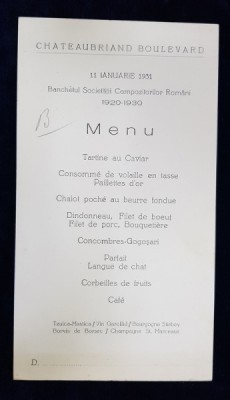 RESTAURANT CHATEAUBRIAND BOULEVARD , MENIUL BANCHETULUI SOCIETATII COMPOZITORILOR ROMANI , 11 IANUARIE 1931 foto