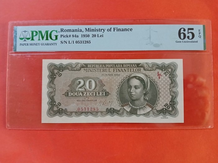 Bancnota 20 lei 1950 gradata PMG 65 GEM UNC EPQ(10 acelasi grad si doar 20 in grad mai mare)