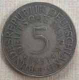 (A506) MONEDA DIN ARGINT GERMANIA - 5 MARK 1951, LIT F, 11,2 GRAME. PURITATE 625