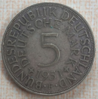 (A506) MONEDA DIN ARGINT GERMANIA - 5 MARK 1951, LIT F, 11,2 GRAME. PURITATE 625 foto