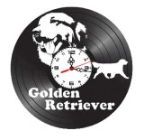 Ceas de perete decorativ realizat din disc de vinil, Model Caine Golden Retriever, Text Personalizat, Negru, 30 cm
