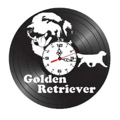 Ceas de perete decorativ realizat din disc de vinil, Model Caine Golden Retriever, Text Personalizat, Negru, 30 cm