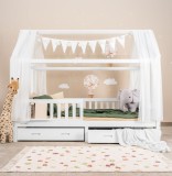 Pat căsuță pentru copii Alavya Home CLOUD 90x200 cm Set complet cu saltea și decor muselin Khaki