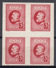 ROMANIA 1926 LP 74 a A 60 a ANIVERSARE A REGELUI FERDINAND VALOAREA 3 LEI ROSU NEDANTELAT BLOC DE 4 TIMBRE STARE MNH