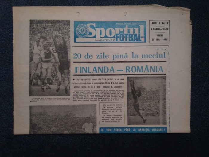 ZIARUL SPORTUL SUPLIMENT FOTBAL 17 MAI 1985