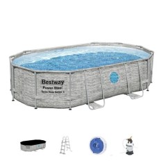 Piscina structura metalica, ovala, cu pompa nisip, scara, dozator, prelata acoperire, gri, 488x305x107 cm, Bestway Power Steel