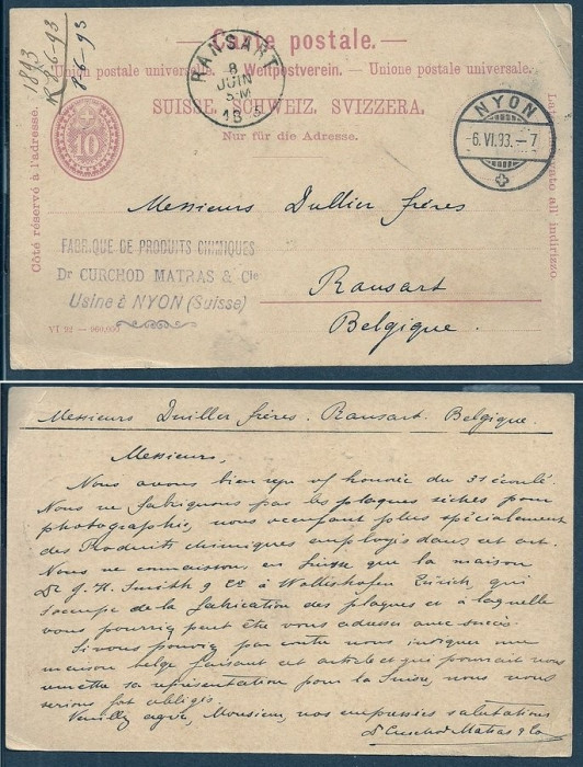 Switzerland 1893 Old postcard postal stationery Nyon to Belgium D.341