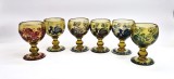 6 pahare pentru vin vechi sticla groasa suflata pictata manual Alfred Taube stil rustic