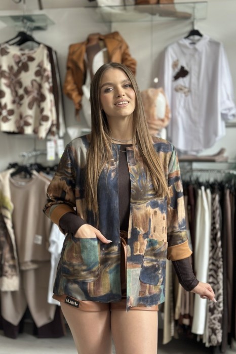 Jacheta dama bleumarin din catifea cu imprimeu abstract