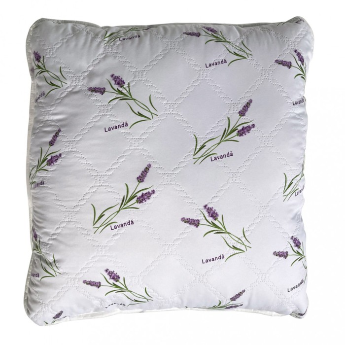 Perna matlasata antialergica lavanda LavenderDream Coneltex, dimensiuni 40 x 40 cm, patrata, culoare alba, umplutura fibra siliconizata