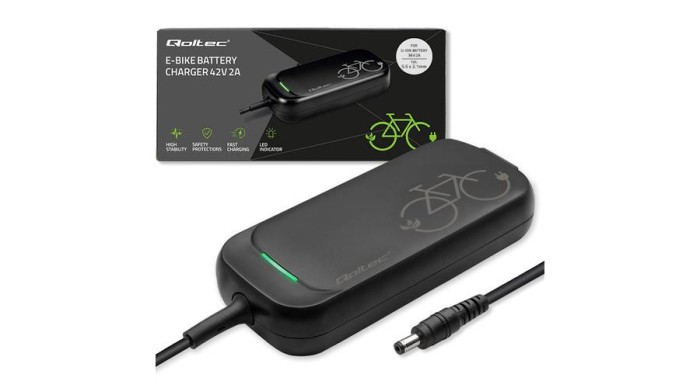 &Icirc;ncărcător rapid Qoltec pentru bicicletă electrică, trotinetă electrică 36V | 42V | 2A | 5.5*2.1 | rezistent la apă + cablu de alimentare