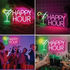 Lampa LED Neon Roz Verde Alb &amp; Galben &quot;Happy Hour&quot; Cocktail 43x21cm