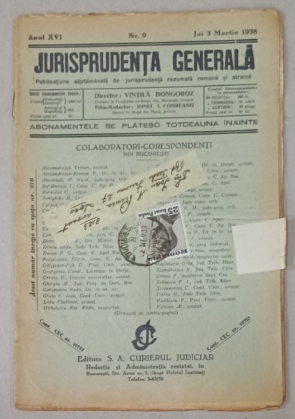 JURISPRUDENTA GENERALA , PUBLICATIUNE SAPTAMANALA DE JURISPRUDENTA REZUMATA ROMANA SI STREINA , NR.9 , 1938