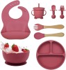 Set diversificare bebelusi din Silicon, Brivoo&reg;, farfurie cu ventuza, bol, tacamuri, cana, Roz Prafuit