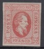 ROMANIA 1865 LP 17 ALEXANDRU IOAN CUZA EFIGIA DOMNITORULUI IN OVAL 20 PARALE ROSU HARTIE GRI GUMA ORIGINALA POINCON SARNIERA, Nestampilat