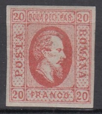 ROMANIA 1865 LP 17 ALEXANDRU IOAN CUZA EFIGIA DOMNITORULUI IN OVAL 20 PARALE ROSU HARTIE GRI GUMA ORIGINALA POINCON SARNIERA